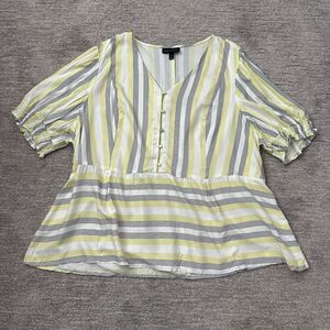 Lane Bryant Top Womens Plus 28 Yellow Black Striped Blouse Flower Buttons